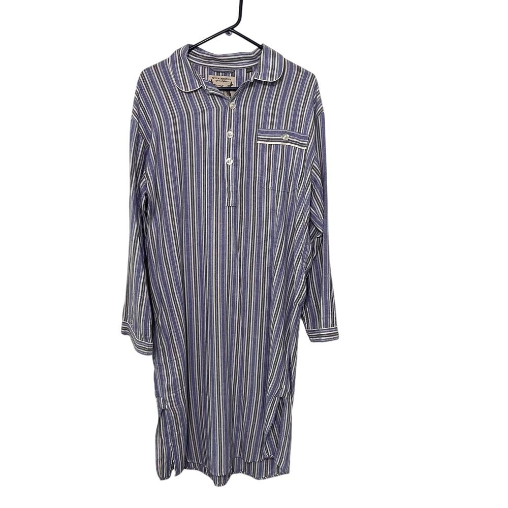 Peter Christian Mens Nightgown Large Blue Cotton Striped Long Sleeve Pajama Gown